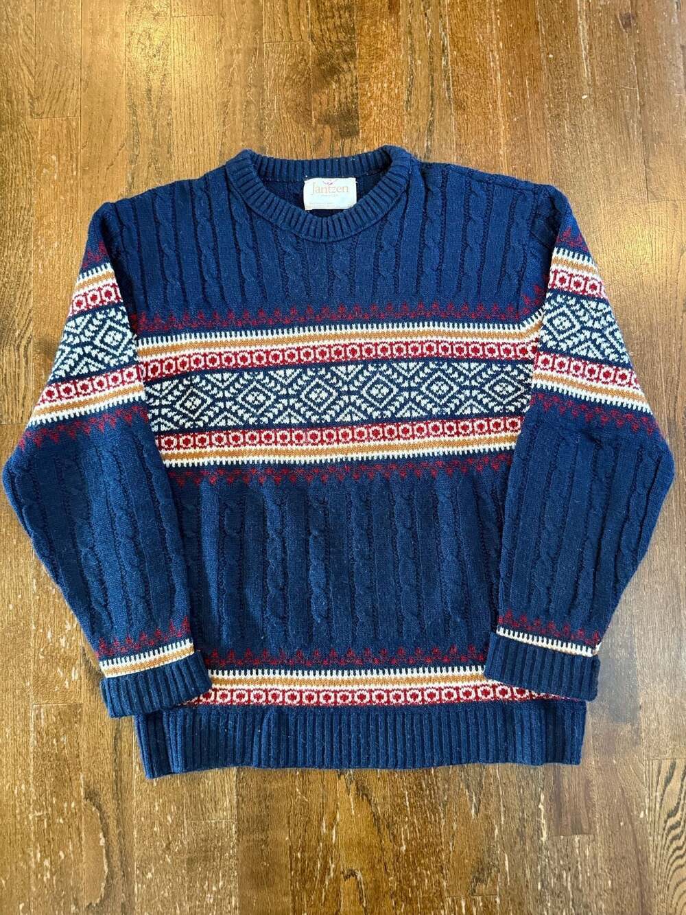 Vintage Jantzen Men's XL Navy Cable Knit Fair Isle Stripe Sweater XL Made in USA